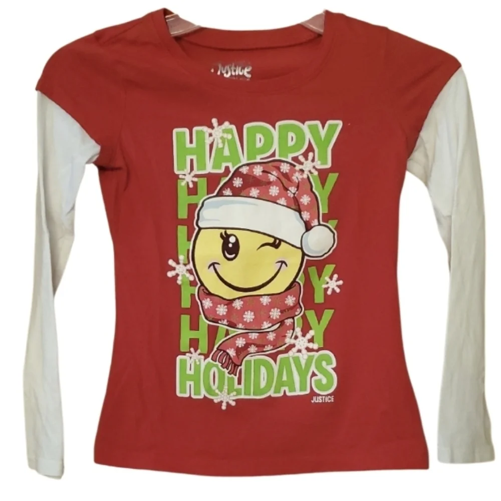 Justice Red‎ Chriatmas Holiday Long Sleeve Shirt With Santa Emoji Size 8